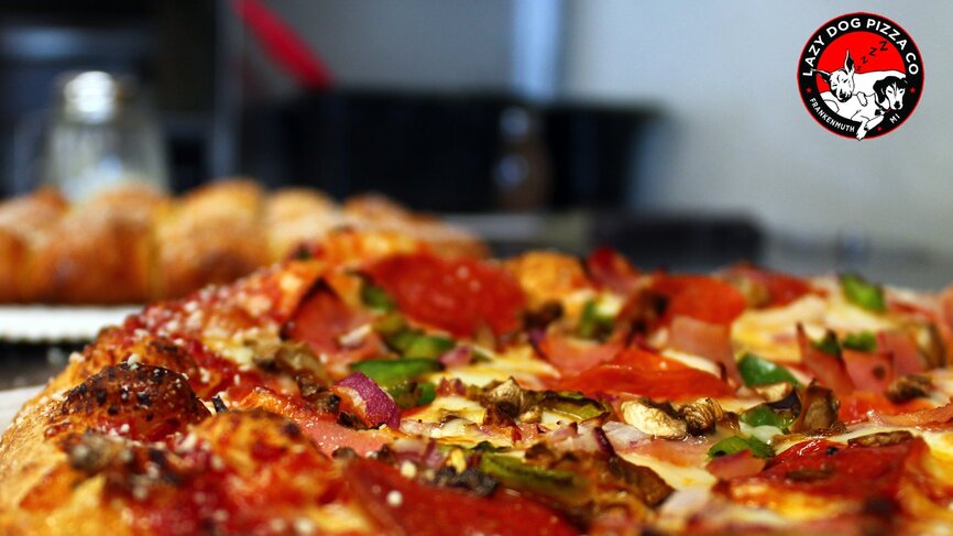Fresh Lazy Dog pizza close-up